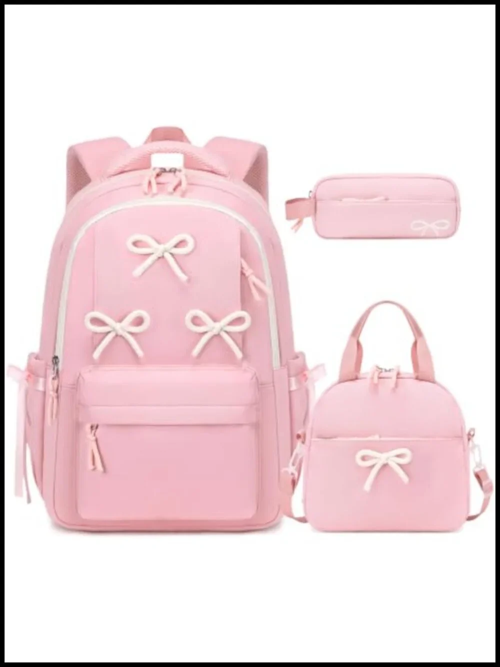 Girls Bow Backpack Set with Lunch Box Pencil Case, Waterproof Nylon, School
